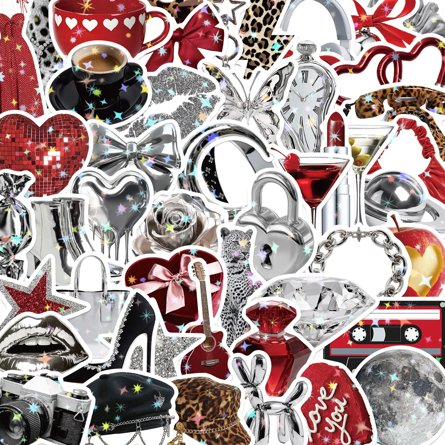 50Pcs Holographic Silver Y2K Doodle Waterproof Stickers for Notebook Suitcase Skateboard Helmet Reward Journal DIY Decor Decals