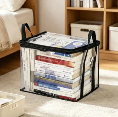 Zipper Top Clear Foldable Storage Book Container With Hand Strap Multi Use Organizer For Home Dorm Office Study Gadgets