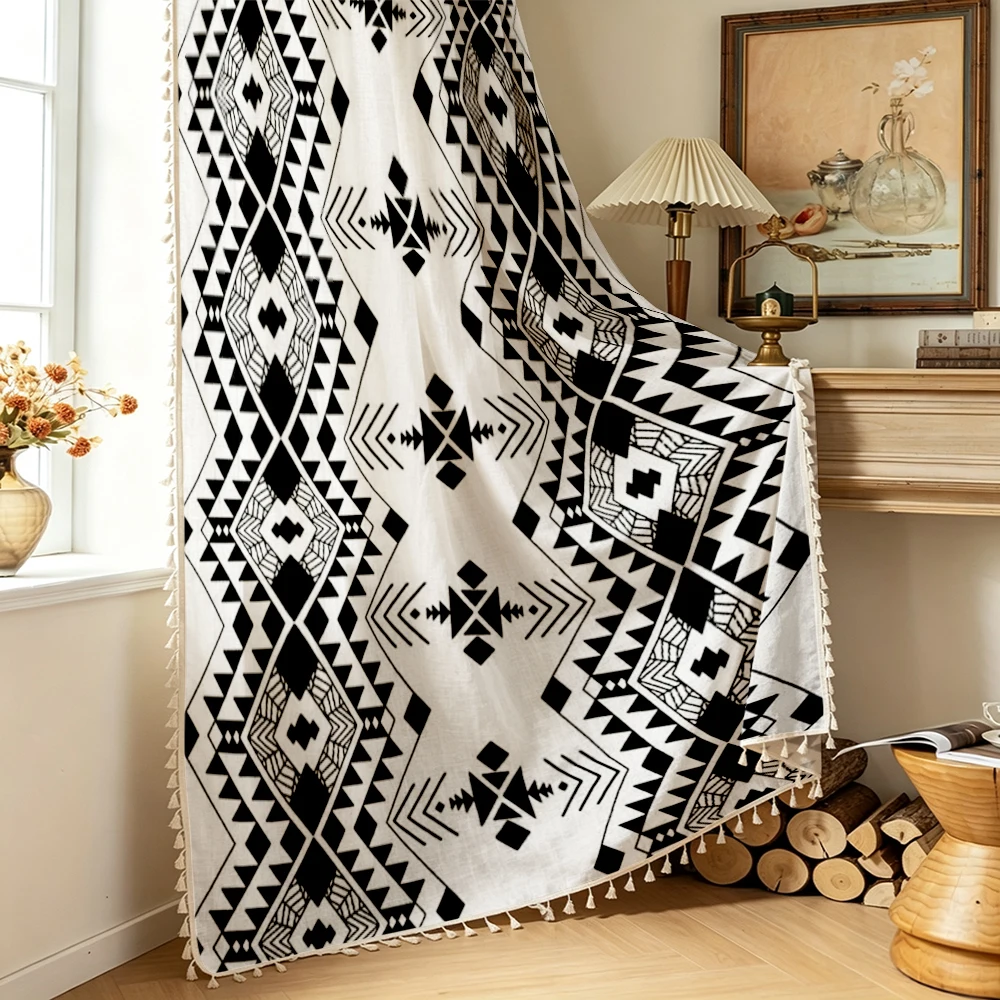1PC Boho Tassel Sheer Curtains, Tribal Aztec Geo, Digital Print, Linen Polyester, Bedroom Living Room Kitchen, Home Decor