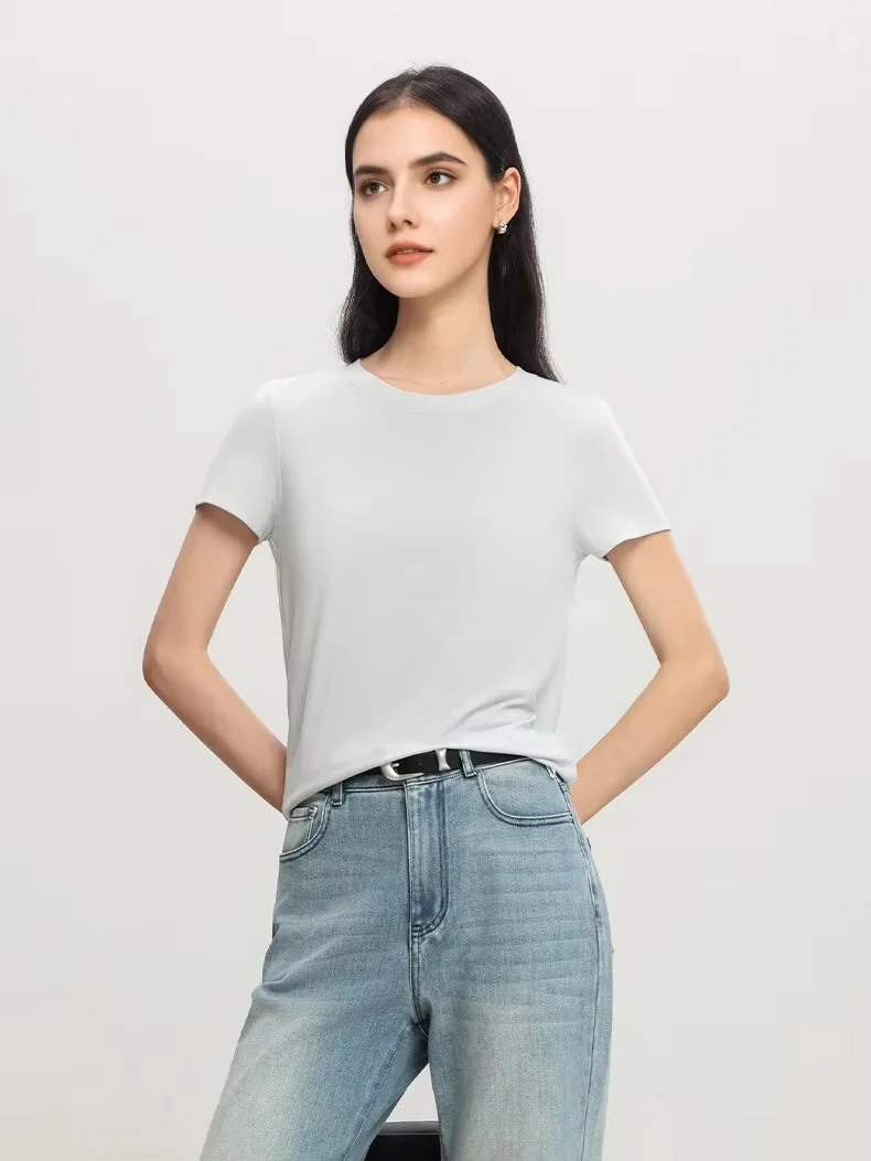 SuyaDream, Women Solid T Shirts, Silk Viscose Blend, Plain O Neck, Short Sleeved Tee 2025 Spring Autumn Basic Top, Grey, White