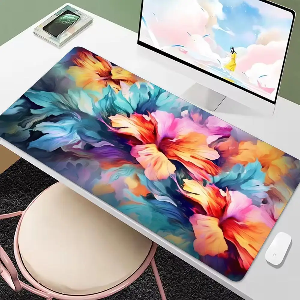 Colorful Hibiscus Flower Pink White Red Large Mouse Pad Non Slip Rubber Base Floral Desk Mat For Fresh Blooming Spring Office