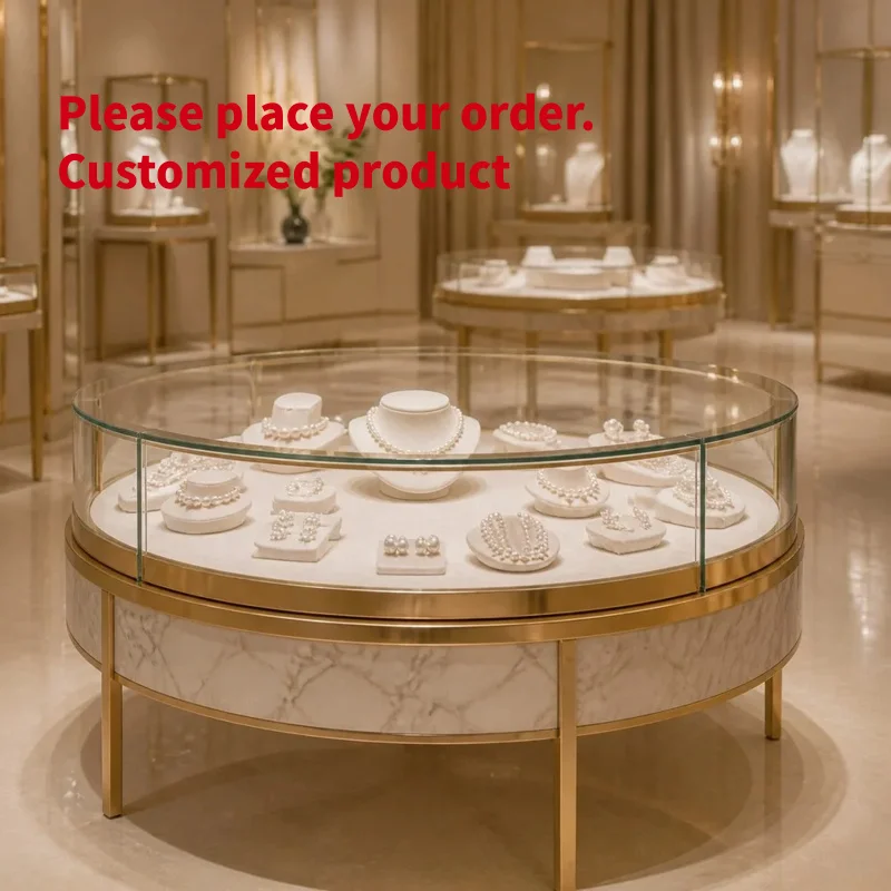 custom.Luxury Curved Circular Jewelry Showcase with Brushed Gold Stainless Steel and Tempered Glass LED Display Shopping Mal