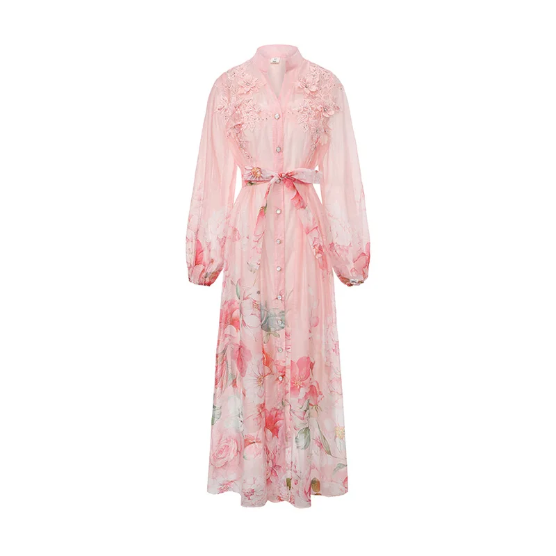 

Women's V-Neck Lace Embroidery Dress Summer 2026 Floral Lantern Sleeve Single Breasted Belted Long Vestido with Lace up Detail