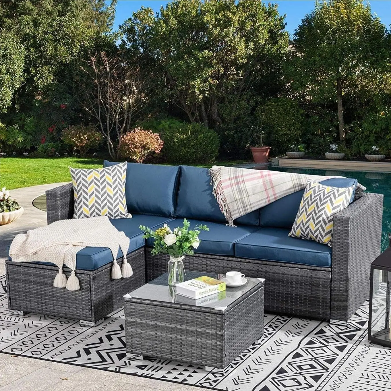 Outdoor Patio Furniture Set,All Weather Rattan Outdoor Combo Sofa with Coffee Table and Cushions,Upgraded Wicker Patio Combo Set