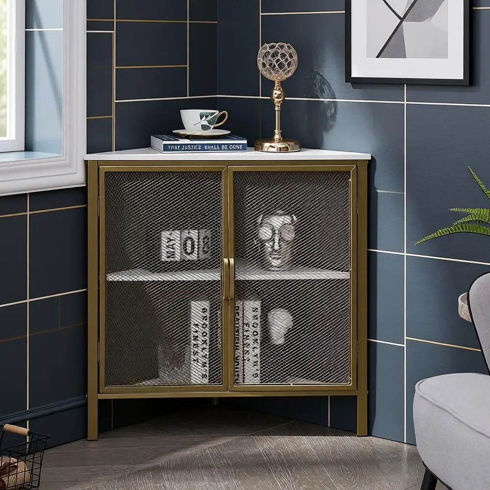 

3-Tier Corner Shelf with Protective Door, Metal Frame Organizer for Small Spaces, Suitable for Living Room, Kitchen, Bathroom, G