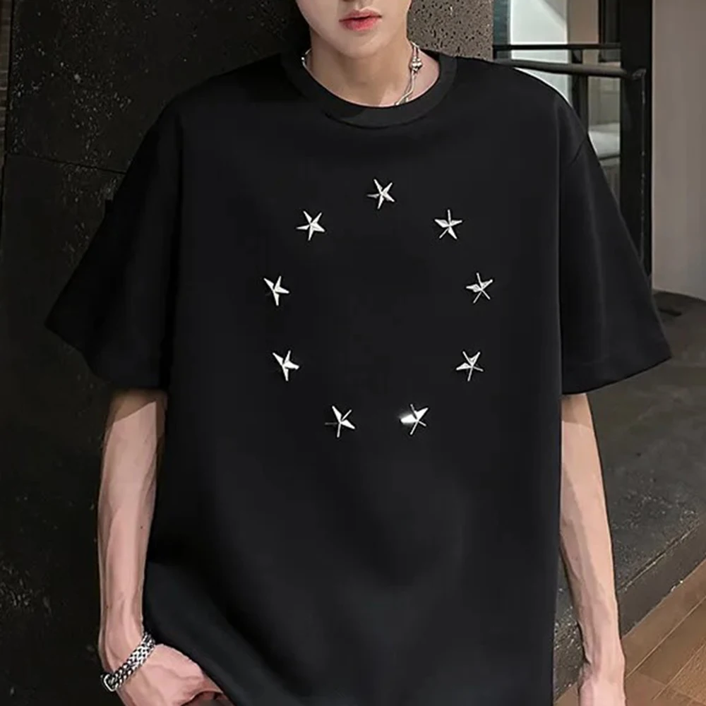 

Summer Men's Solid Color Star Decoration Short-Sleeved T-Shirt American Fashion Trend Street Loose Breathable Niche Men's Tops