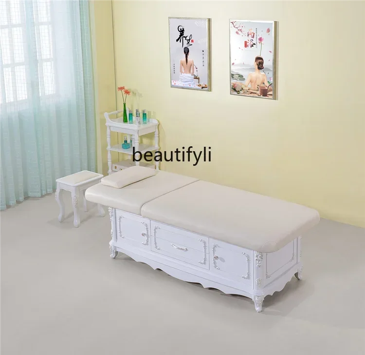 Electric lifting solid wood beauty wood embroidery body massage bed beauty salon massage bed