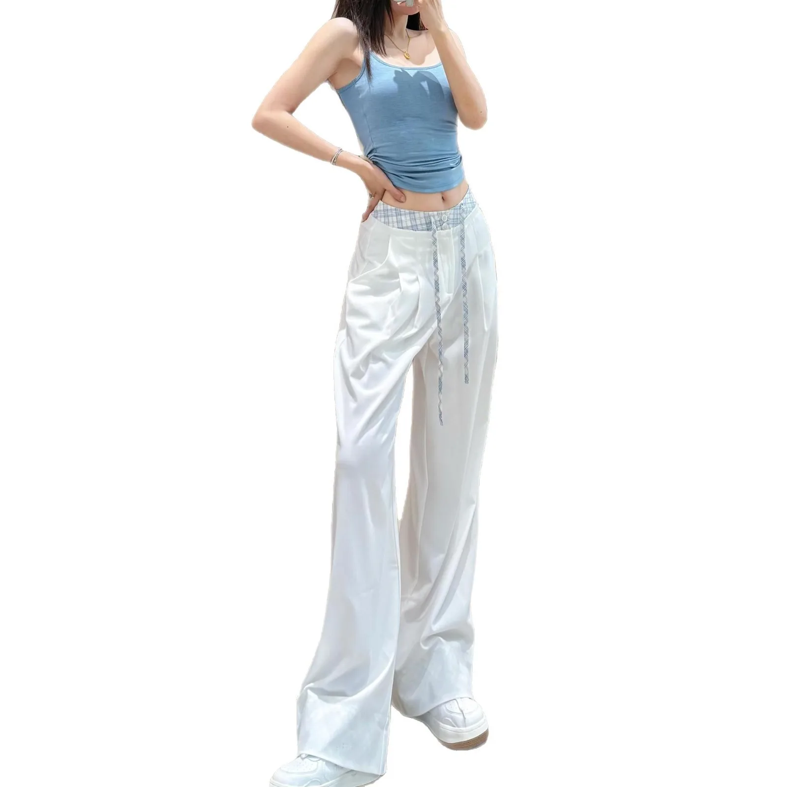 

Women's Casual New Wide Leg American-Style Plaid Stitching Sports Pants Elastic Waist Mid Waist Type Cargo Loose Fit for Spring