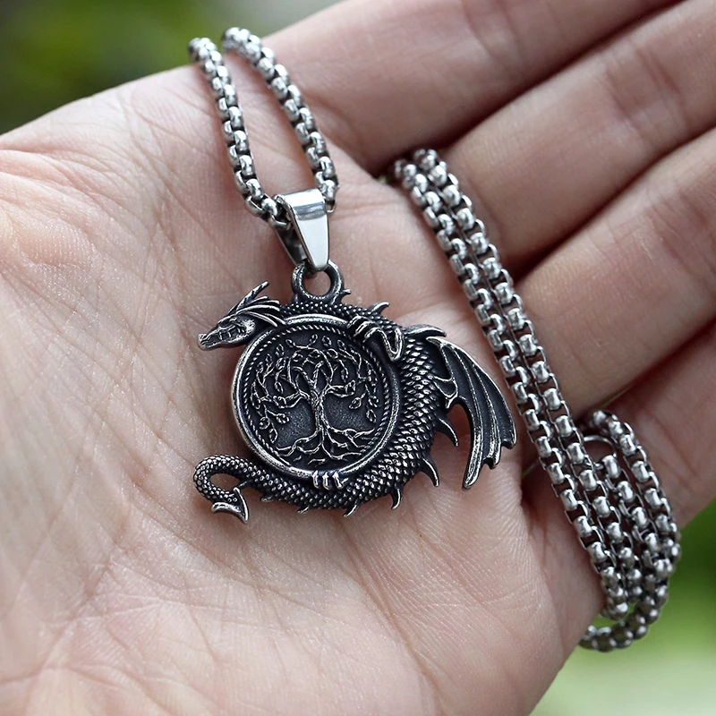 Viking 2022 New Dropshipping Men\'s 316L Stainless Steel Tree of Life With Dargon Pendant Necklace Animal Jewelry Boyfriend Gift