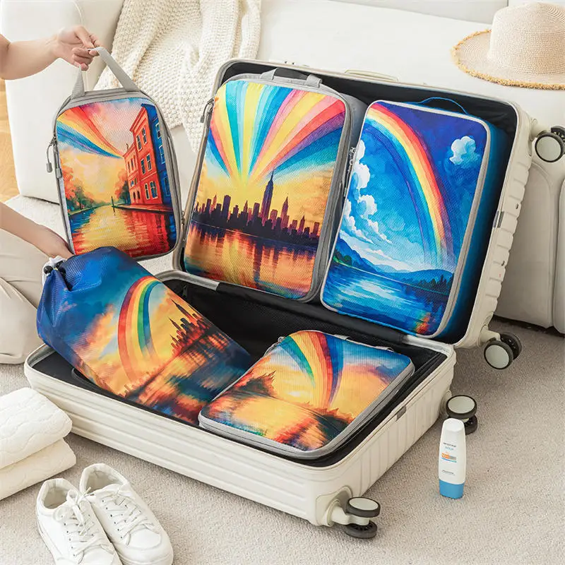 5 pçs/set conjunto organizador de viagem saco de armazenamento grande capacidade saco compressível roupa interior mala zíper bolsas de bagagem