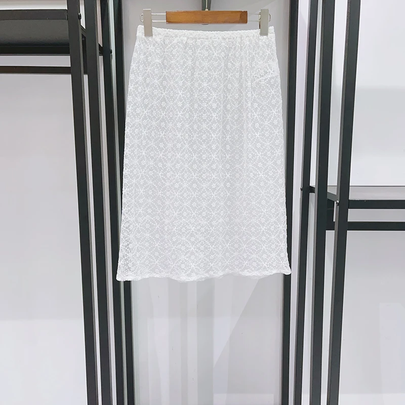 2026 new Women's Spring/Summer Ingot Pattern Crochet Hollow Out Sheer Curtain Midi Skirt | Trendy Elegant Commuter Skirt