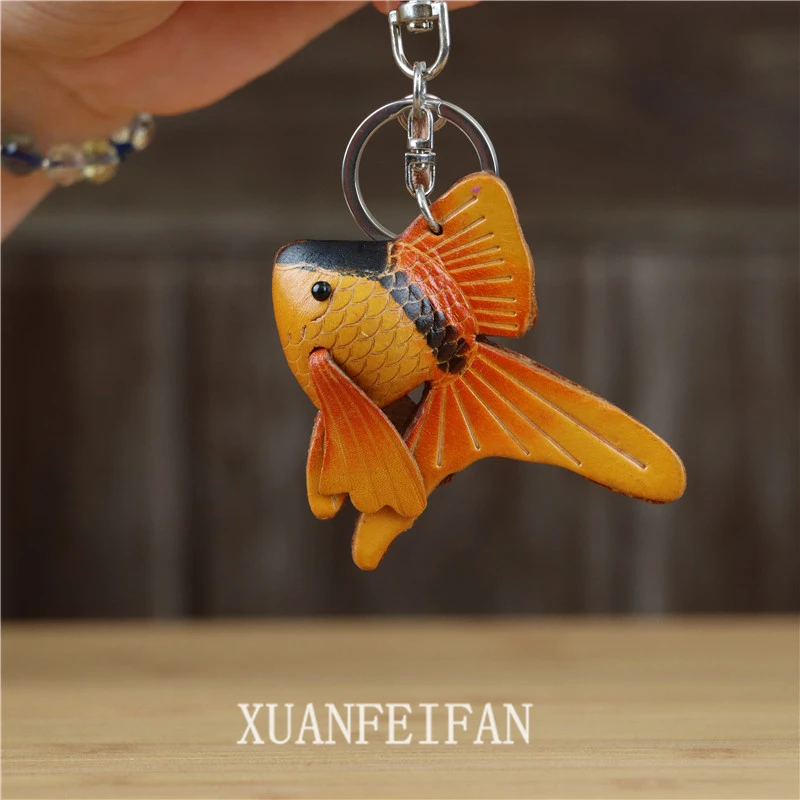 Cowhide Small Goldfish Bag Charm Keychain Pure Handmade Small Red Fish Small Yellow Fish Bag Hanging Key Chain Koi