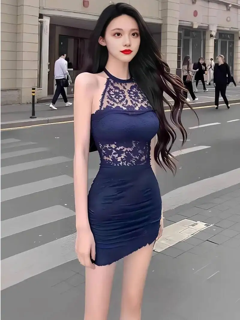 2025 neue Schlanke Bankett Kleid Hüfte Umarmt Sexy Spitze Patchwork Hals Hängen Kleid Elegant Für Frauen Spitze Mesh Sheer Tops M7JE