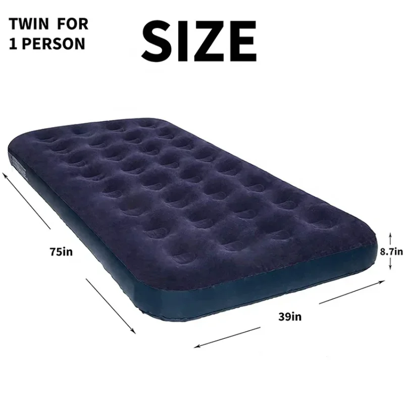 Portable Inflatable Air Mattress, Blue Blow Up Mattress With Flocked Top, Single Foldable Bed For Tent Camping