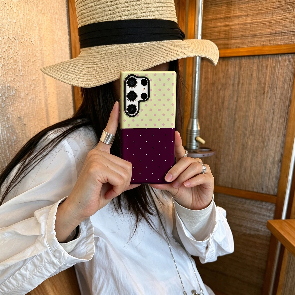 Cream Burgundy Dots Split Hard Shock-Absorption Phone Case For Samsung Galaxy S26 S25 Ultra S24 S23 Plus 2-in-1 Protective Cover