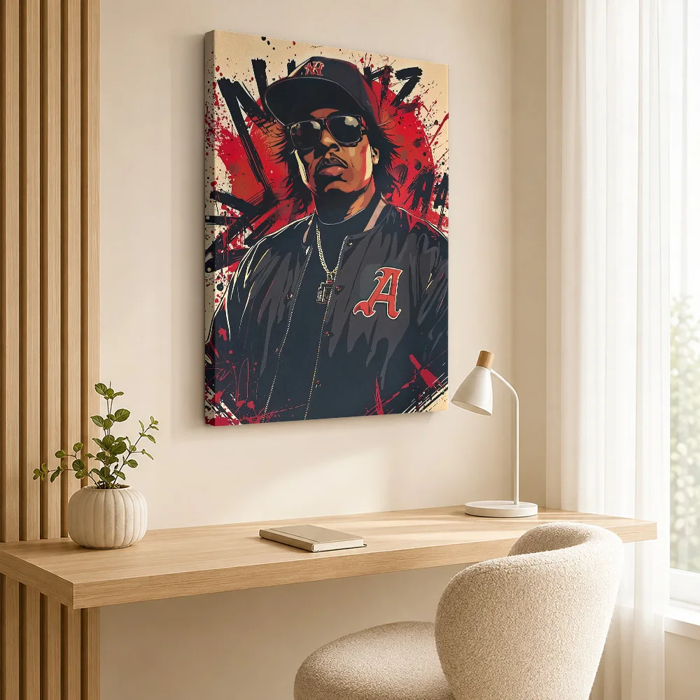 Eazy-E Portrait with Red Splatter Framed Canvas Poster Customized Photo Retro Music Wall Art for Bar Decor Gift for Collectors