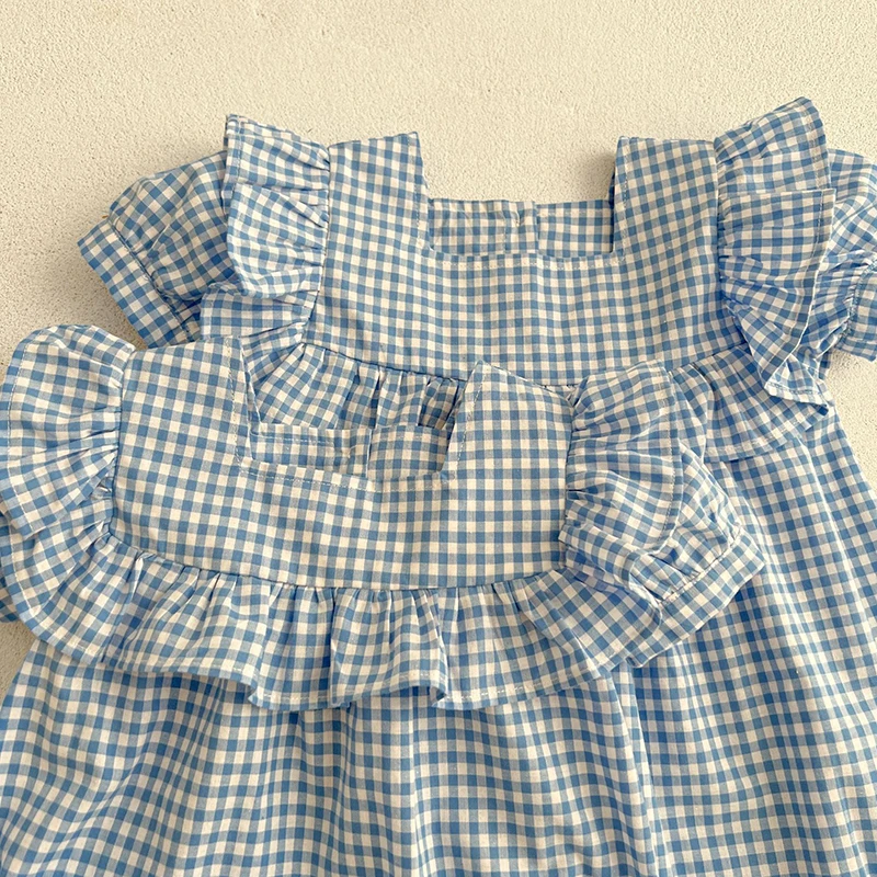 Newborn Toddler Baby Girls Grid Jumpsuit Summer Sweet Baby Girls Short Sleeve Kids Princess Dress Girls Sister Clothes