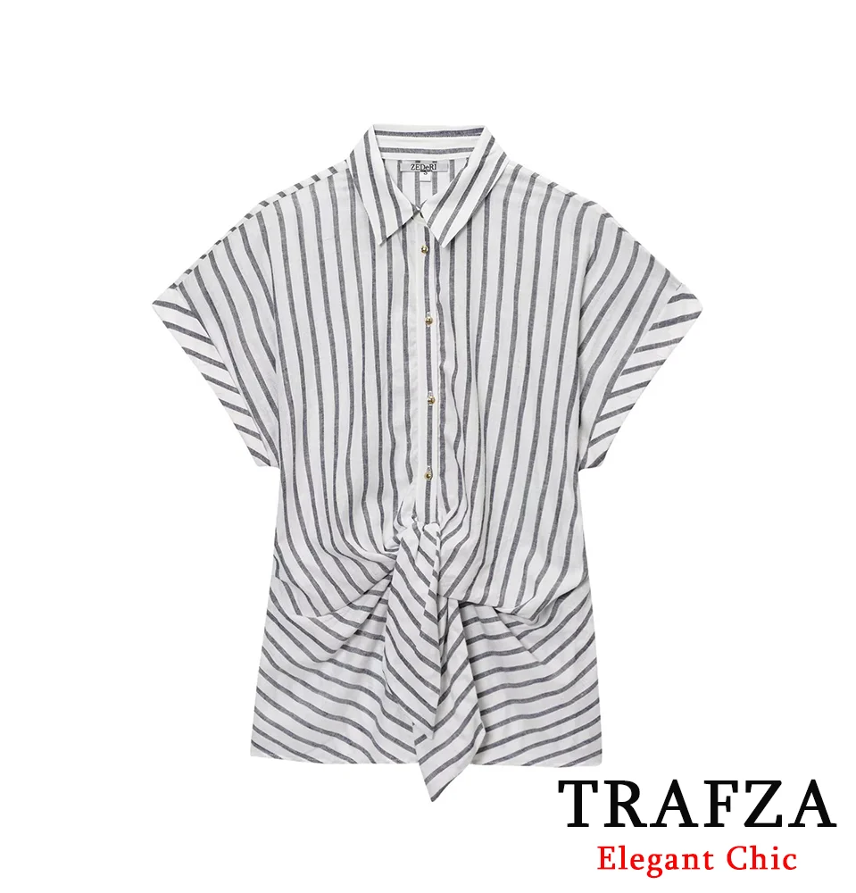 

TRAFZA Commute Striped Knot Shirt Women's Short Sleeve Loose Shirts 2025 Summer Fashion Casual Simple Versatile Lady Shirts