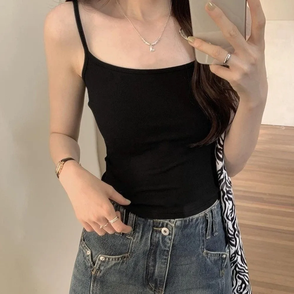 Tank Top Simple Spaghetti Straps Camisole Korean Style Bottoming Shirt Chest Pad Camisole Cotton Solid Color Sling Vest Girl