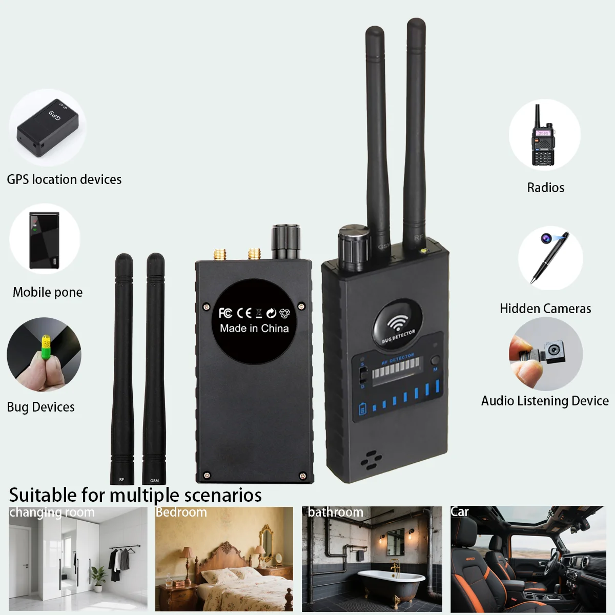

Портативный радиочастотный детектор 8-в: беспроводной/магнитный режим, диапазон 15 м для устройства прослушивания шпионской камеры, GPS-трекер, сертифицирован CE