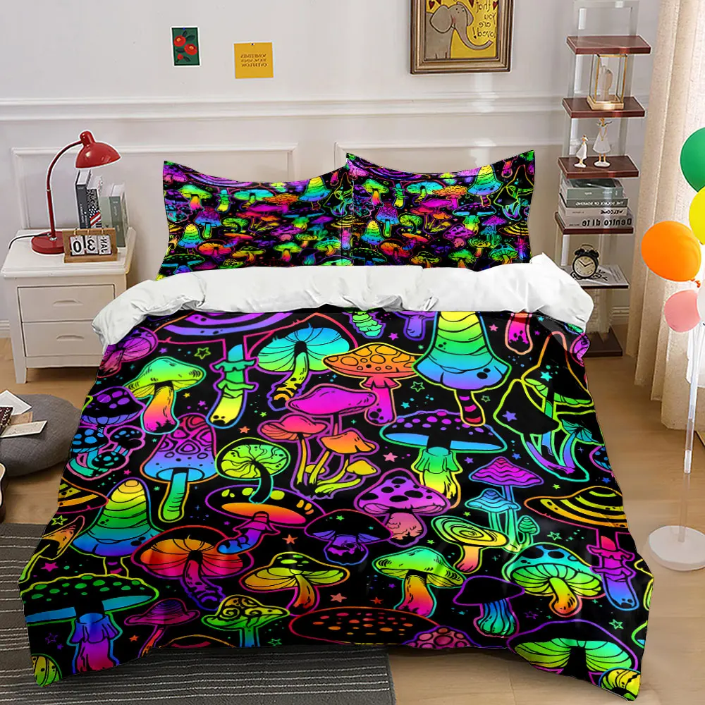 Neon colorful mushroom pattern design Printed Duvet Cover Set1 Duvet Cover+2 PillowcaseMulti Size Bedroom Bedding Decor