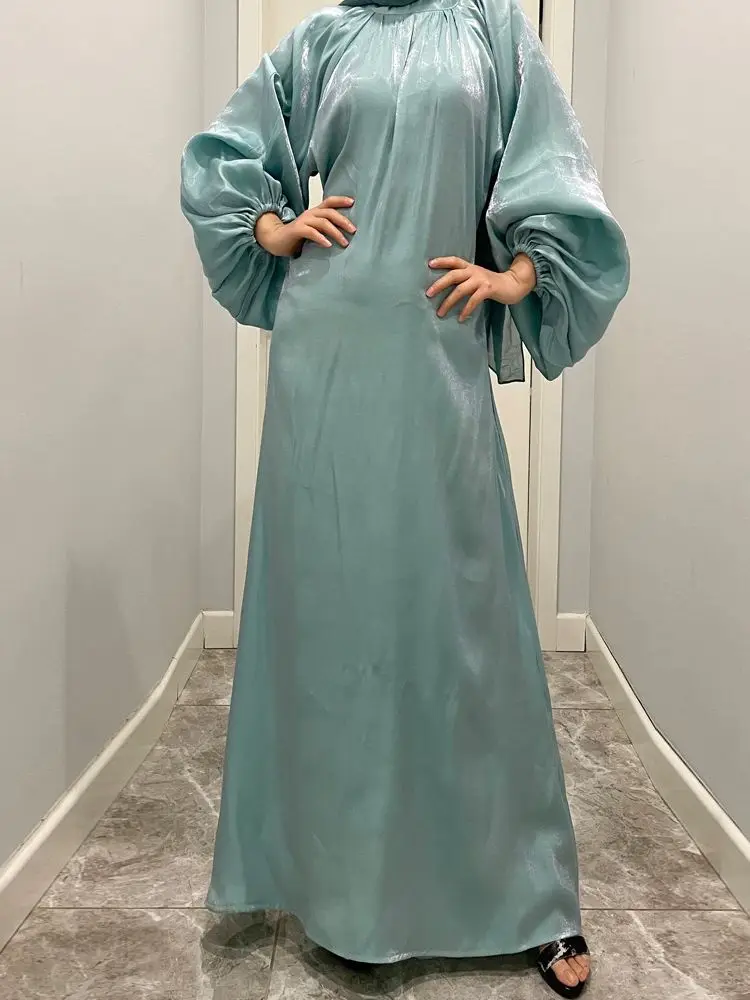 Ramadan Eid Djellaba Muslim Dress Dubai Fashion Elastic Puff Sleeve Soft Shiny Abaya Dubai Turkey Muslim Kimono Islam Robe WY840