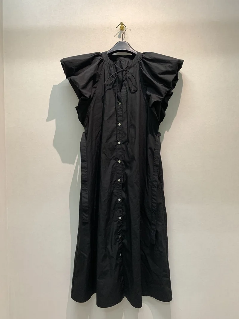 Summer New Japanese Elegant Vintage Dress for Women Belt V-neck Single Breasted Loose Robe Sweet Puff Sleeve Solid Vestidos