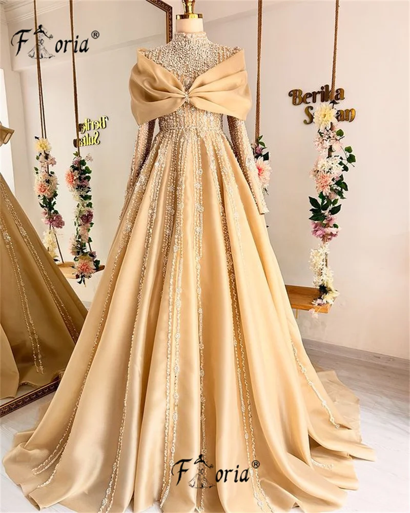 Muslimisches Meerjungfrau-Abendkleid mit langen Ärmeln, Vintage-Stil, Stehkragen,