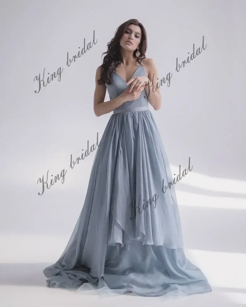 カスタムメイドシルクブルーとグレーのボーン入りシフォンウェディングドレス、モダンなウェディングドレス、プロムパーティードレス、フォーマルドレス、エレガントな女性用ドレス