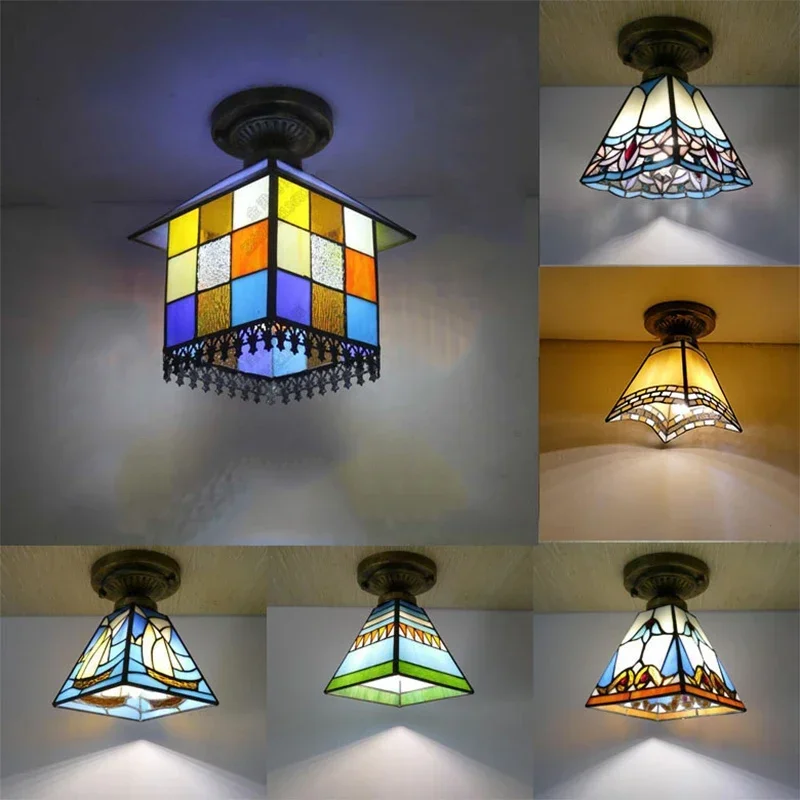 

Nostalgic Style of European and American Colorful Glass Tiffany Ceiling Light Living Room Kitchen Dining Table Small Square Lamp