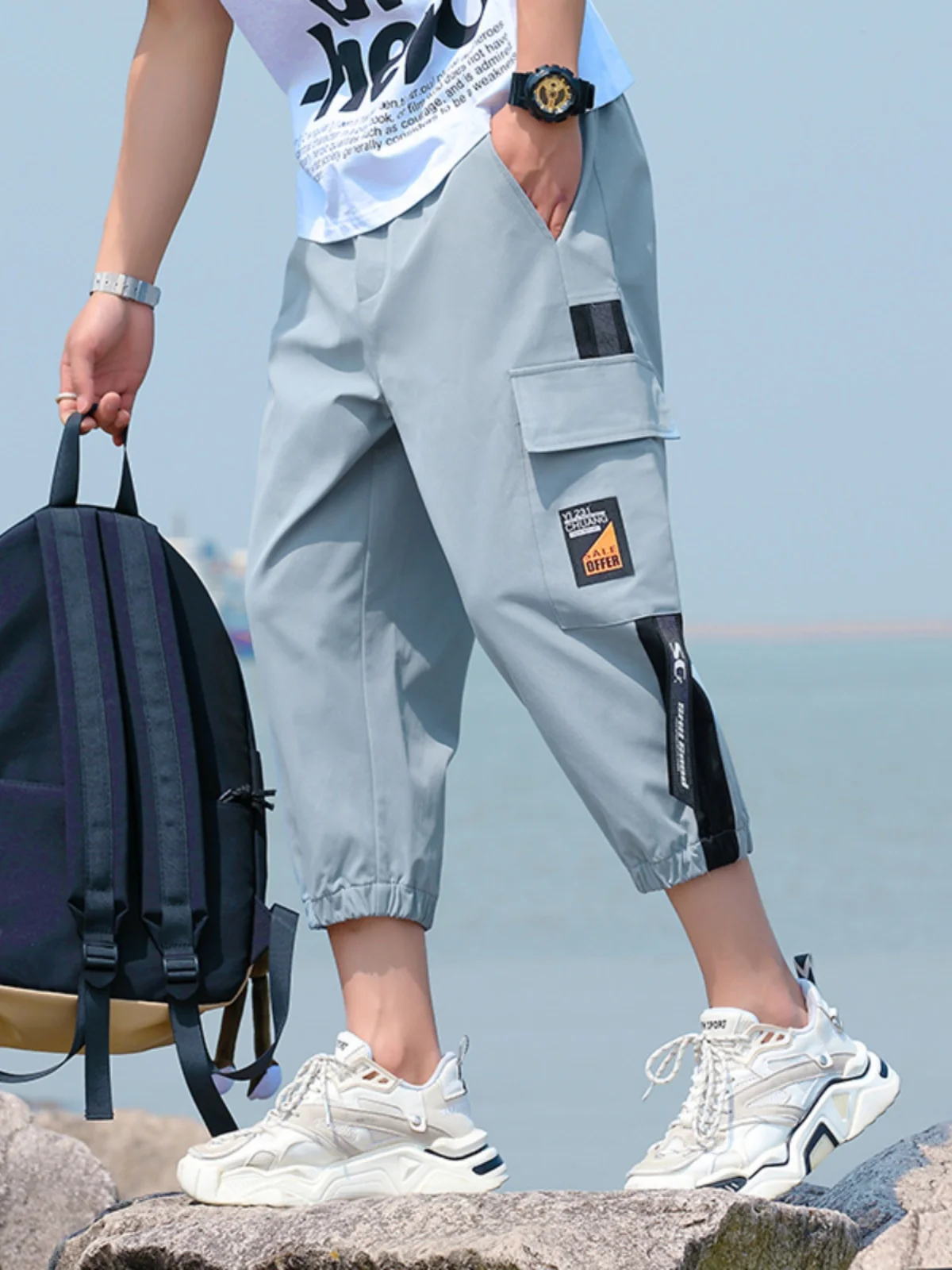 

Мужские летние повседневные свободные рабочие брюки/шорты: дышащие, легкие, удобные, свободного кроя, молодежные, укороченные (7/8)