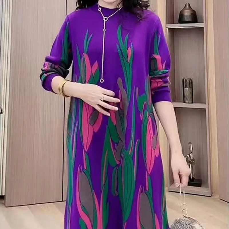 Vintage Contrasting Colors Printed Knitted Midi Dress Female Clothing Long Sleeve Autumn Winter New O-Neck Casual A-Line Dresses