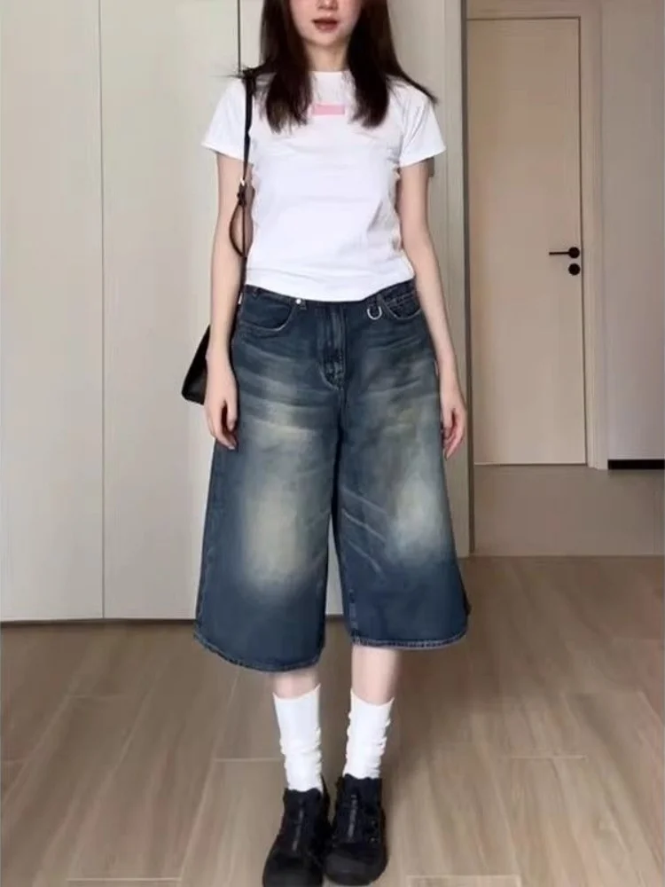

High Waist Straight Leg Vintage Washed Denim Jeans Women's Spring Summer Fashion Pockets Wide Leg Seven Tenths Pants