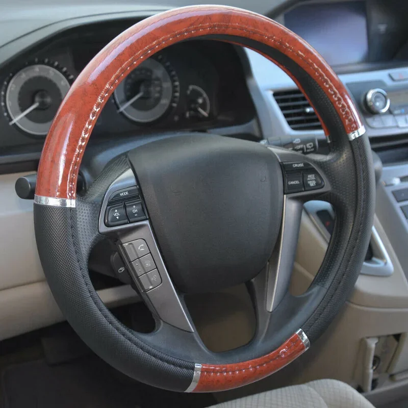 Universal 38cm Auto Steering Wheel Cover Wood Grain Hand Sewing Leather Non-slip Wear Resistant Fashion DIY Car Interior Styling