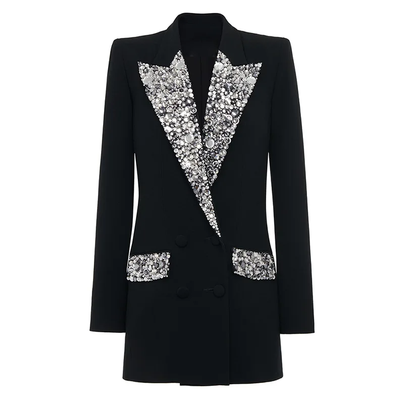 

2025 Gorgeous Beaded Diamond Pocket Diamond Design Slim Fit Mid-Length Evening Dress Solid Color Dark Button Suit Blazer