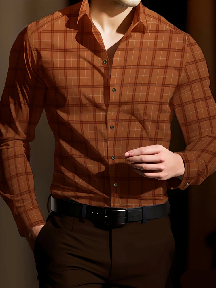 Koszule męskie wizytowe w stylu business casual na rok 2026, koszule zapinane na guziki z nadrukiem w kratę, koszule biznesowe z długim rękawem na co dzień, na wiosnę i jesień.