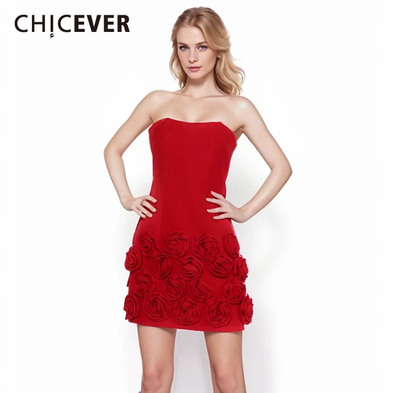 

CHICEVER Sexy Spliced Appliques Dresses For Women Strapless Sleeveless Backless High Waist Patchwork Zipper Mini Dress Female