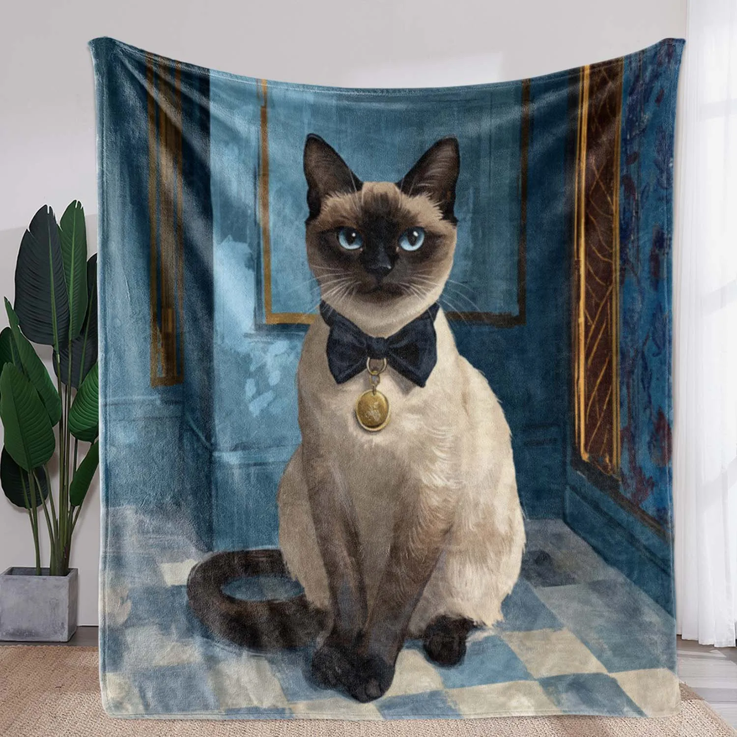 Sdoo Flannel Blanket - Vintage Siamese Cat Print with Blue Bow Tie & Golden Collar, Soft Warm All-Season Throw for Sofa Bed Car