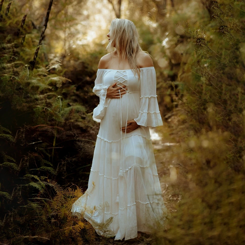 

Boho Maternity Photography Dresses Off Shoulder Linen Cotton Pregnancy Gown Lace Up Tassel Ruffle Pregnant Women Maxi