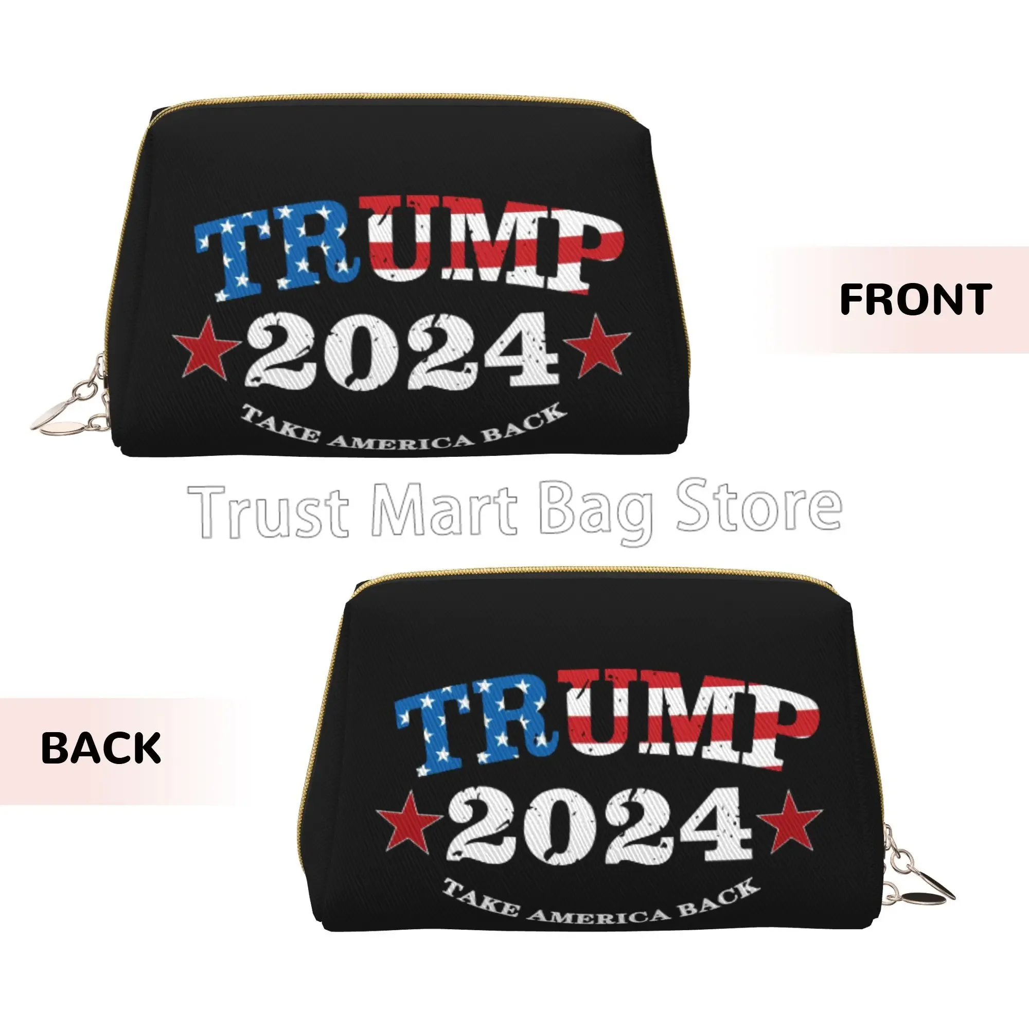 Trump 2024 Make America Great Again Print Makeup Bag Leather Travel Cosmetic Organizer Bag Women Large Capacity Toiletries Bags