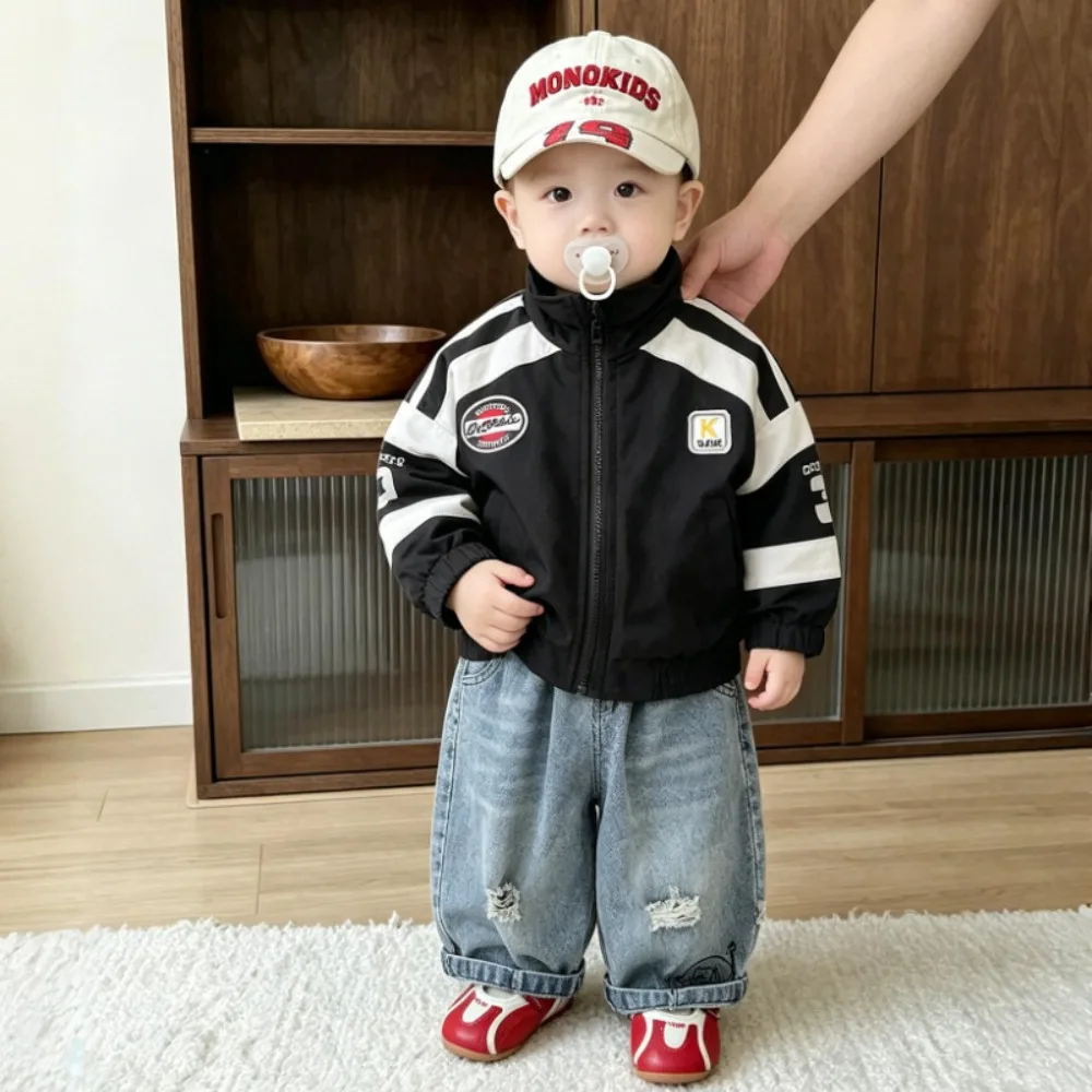 Boys Biker Style Set Spring Autumn Stand Collar Color Block Racing Jacket Ripped Jeans Kids Baby Boy Outfit 73-120cm