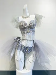 Women Sexy Nightclub DJ DS Costumes White gray Rhinestones crystals Gauze Bikini Skirt Set Bar Party Dance Performance show