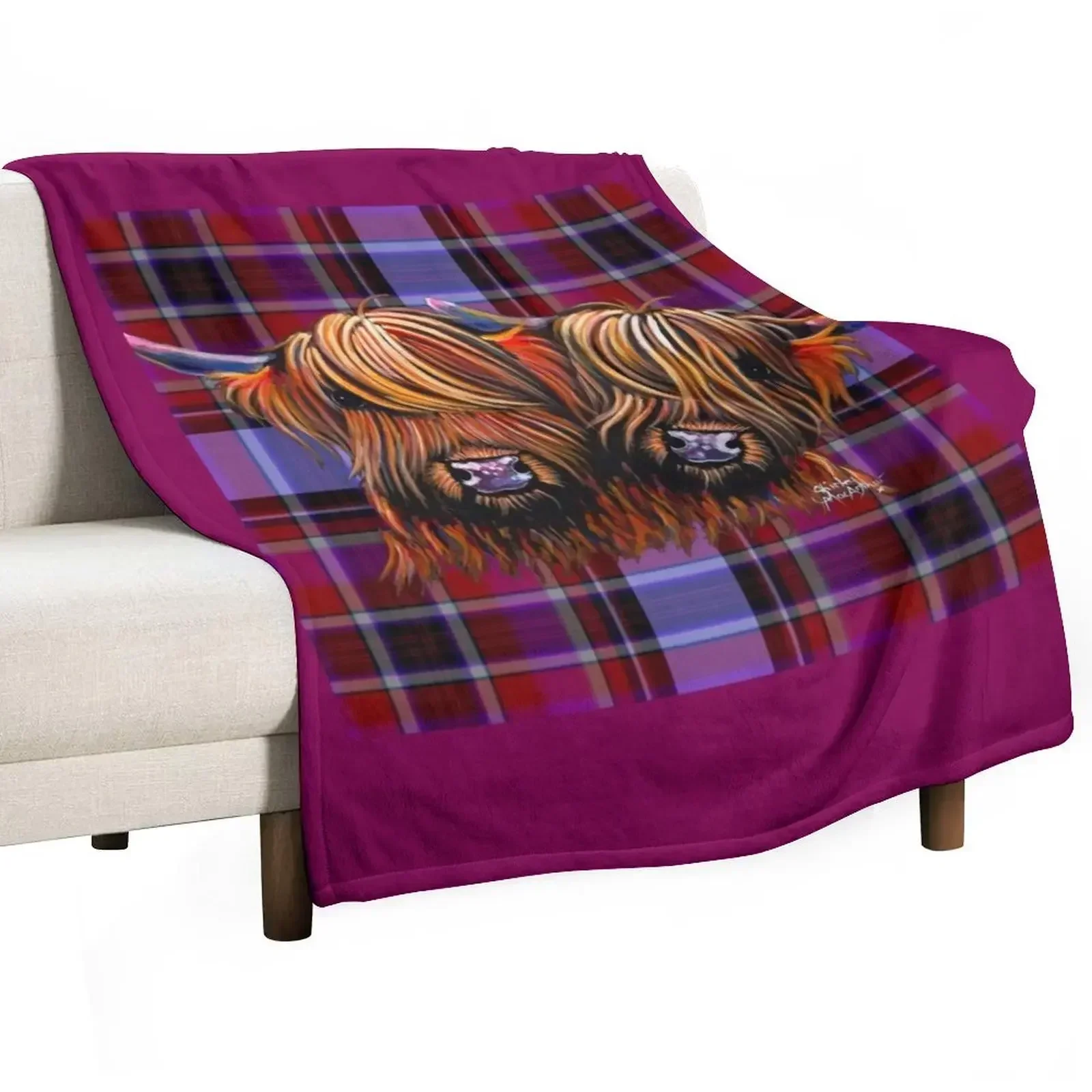 HiGHLaND CoW PRiNT ' PaLS oN TaRTaN ' BY SHiRLeY MacARTHuR Throw Blanket Vintage Decorative Sofas Blankets