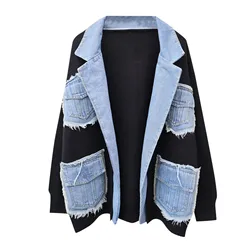 Lapel Solid Pockets Knit Patchwork Denim Jacket Female Casual Long Sleeve Thicken Cardigan Jumpers Coat Autumn Winter Outwear