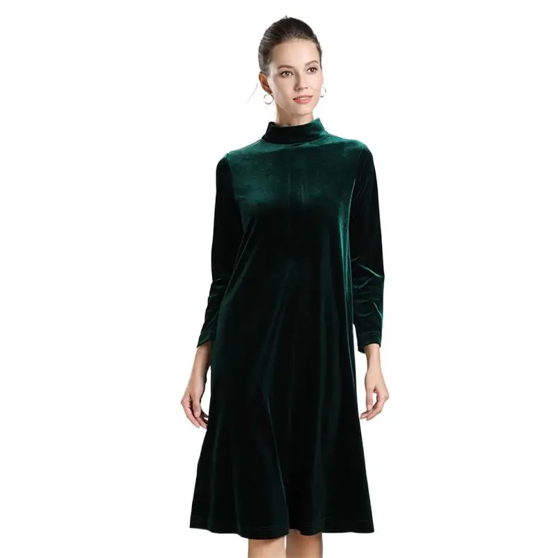 

Women Solid Velvet Vintage Loose Dress Full Sleeve Half Turtleneck Slim Dress Ladies Casual A-Line Midi Dress Party Vestidos