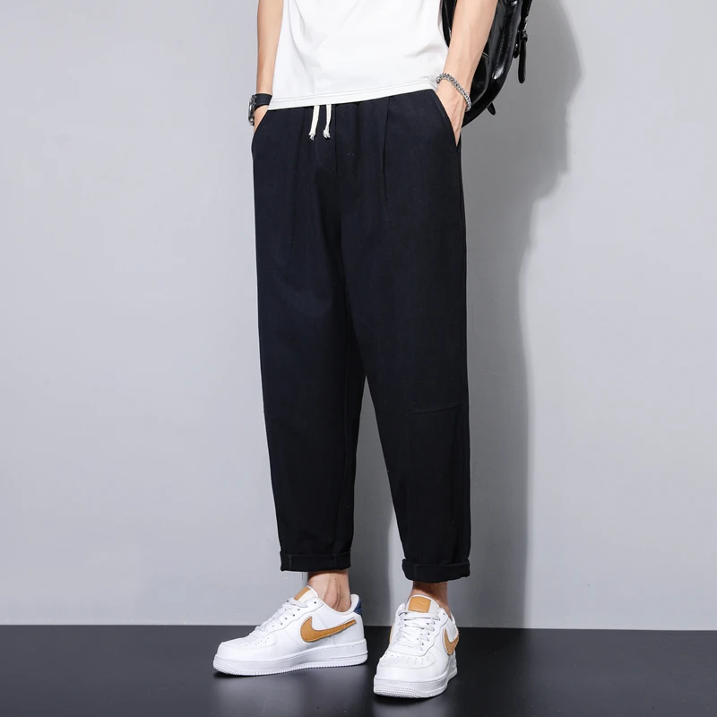 

Loose Linen Nine-Piece Pants Men Summer Thin Sle Korean Trendy plus Size Fat orts Straight Leg Spor Long Trousers