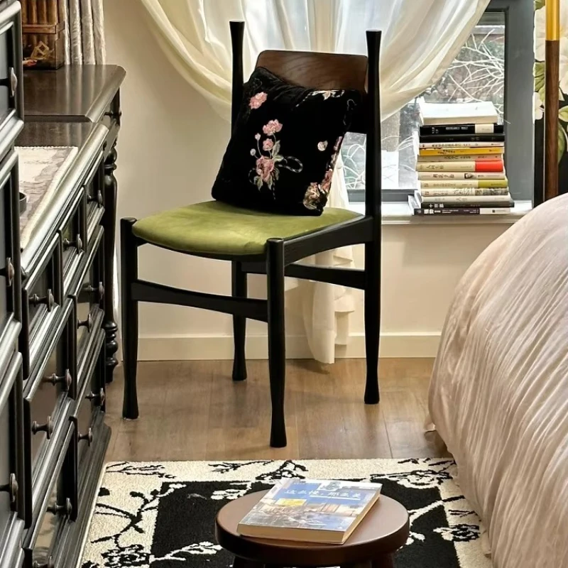 

French Vintage Vanity Chair, Retro Dining Seat, Solid Wood Writing Desk Stool, Premium Upholstered Backrest Lounge Bench