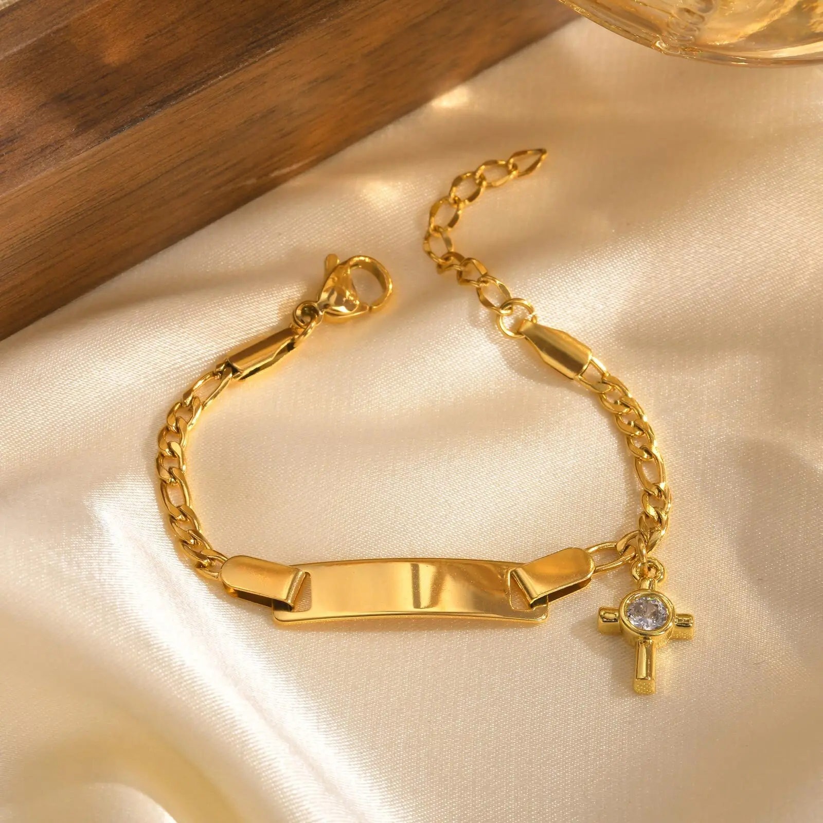 Personalized Baby Name ID Bracelet, Adjustable Stainless Steel Jewelry Chain  Foot Cross, Engraved Kid Newborn Birthday Gift