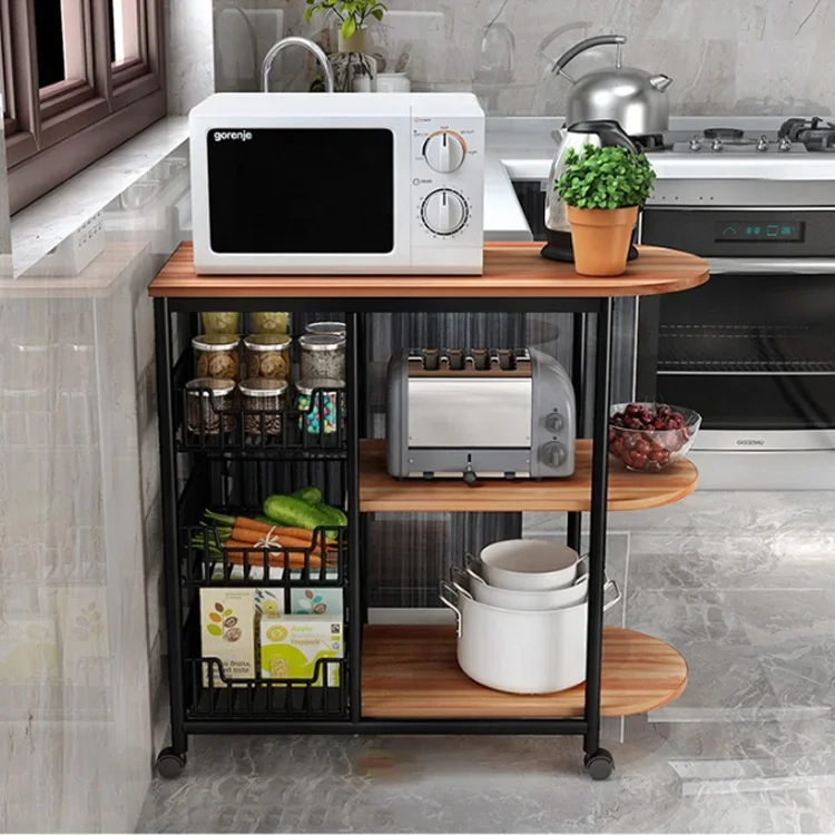 Multi-function Metal Wooden Kitchen Trolley, Cart Shelf Storage, Vegetable Fruit Basket, Shelves Organizer, Microwave Oven Rack