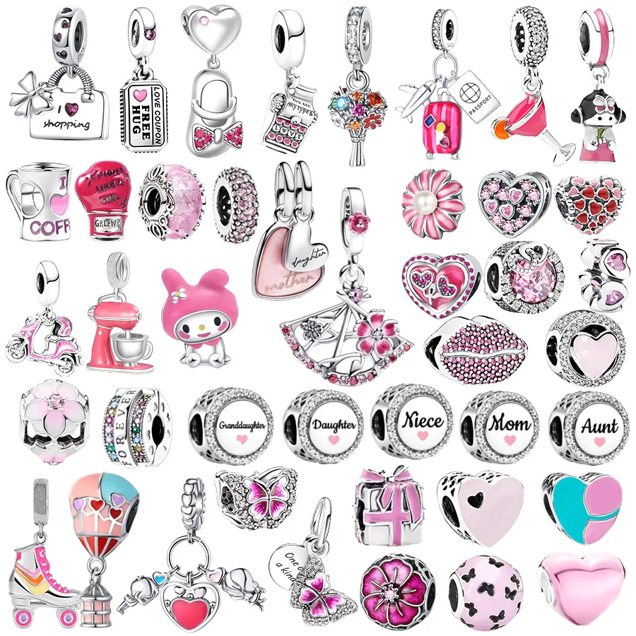 

2025 НОВЫЙ DIY Изготовление розового вишневого цвета, веер и бусины для мамы-дочки с двойными сердечками, подходят для оригинального серебряного браслета, ювелирных изделий